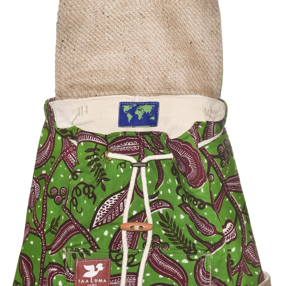 Rare Taaluma Tote backpack green purple drawstring wood toggle button flap - Picture 3 of 4